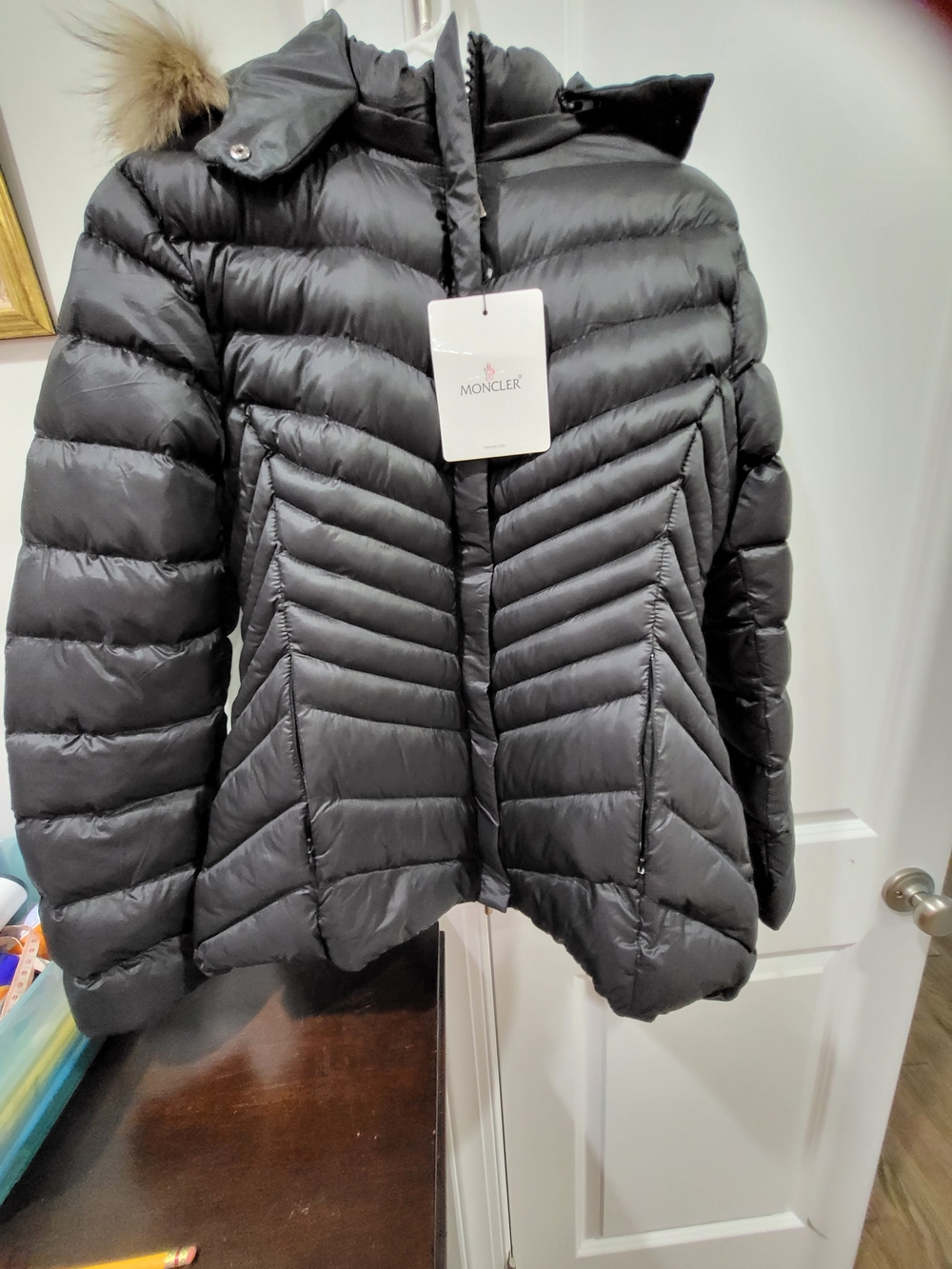 Moncler Black Chevron Quilted Down Puffer with Fur-Trim Hood